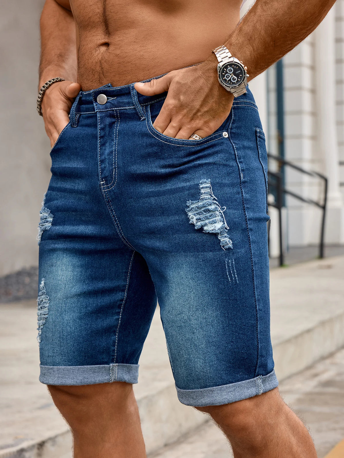 Men Denim Trousers Jeans Shorts Pants, Ripped Hole Rolled Hem Mid