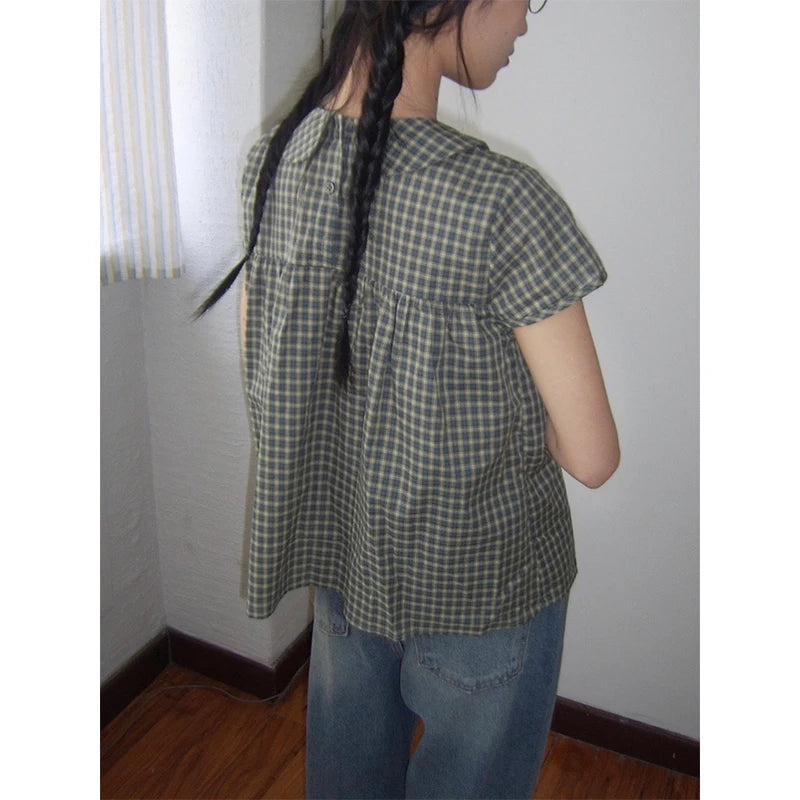 Vintage Plaid Shirts Women Japanese Harajuku Bow Peter Pan Collar