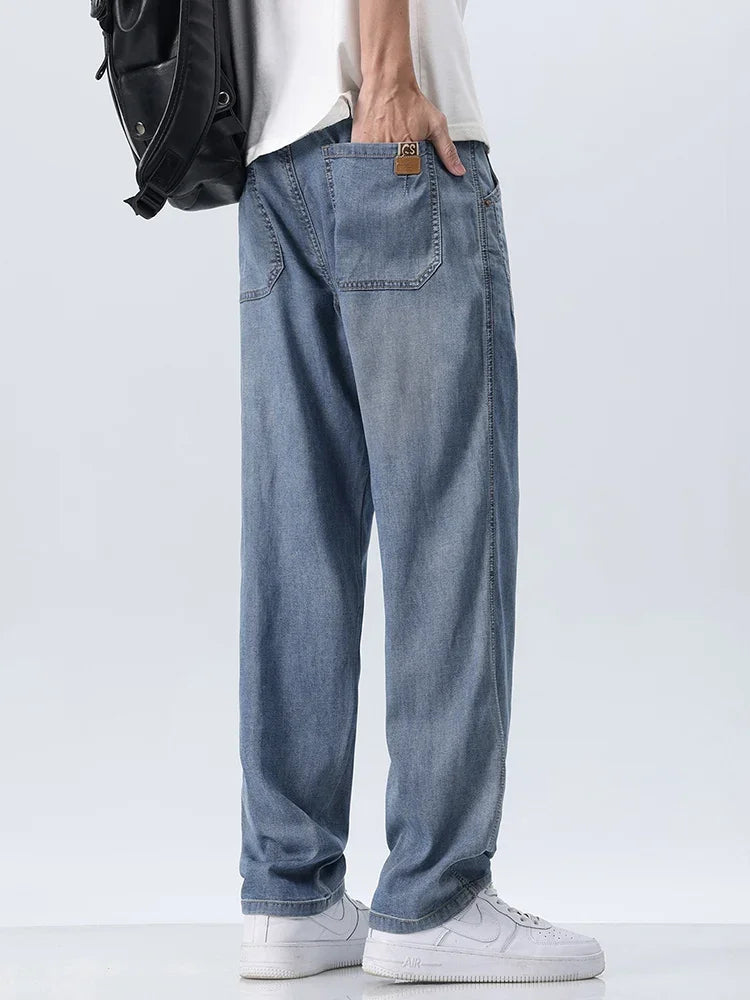 2024 Summer Thin Lyocell Loose Straight Jeans Male Soft Stretch