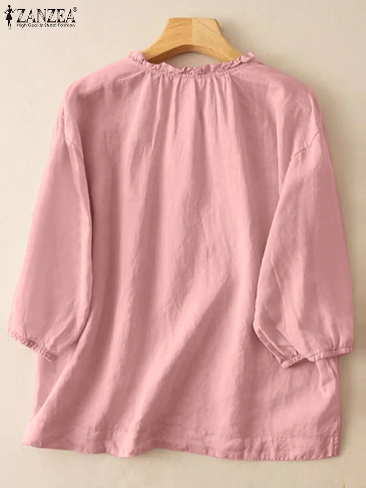 ZANZEA Summer Vintage Shirts Elegant OL Work Blouse Women 3/4 O Neck