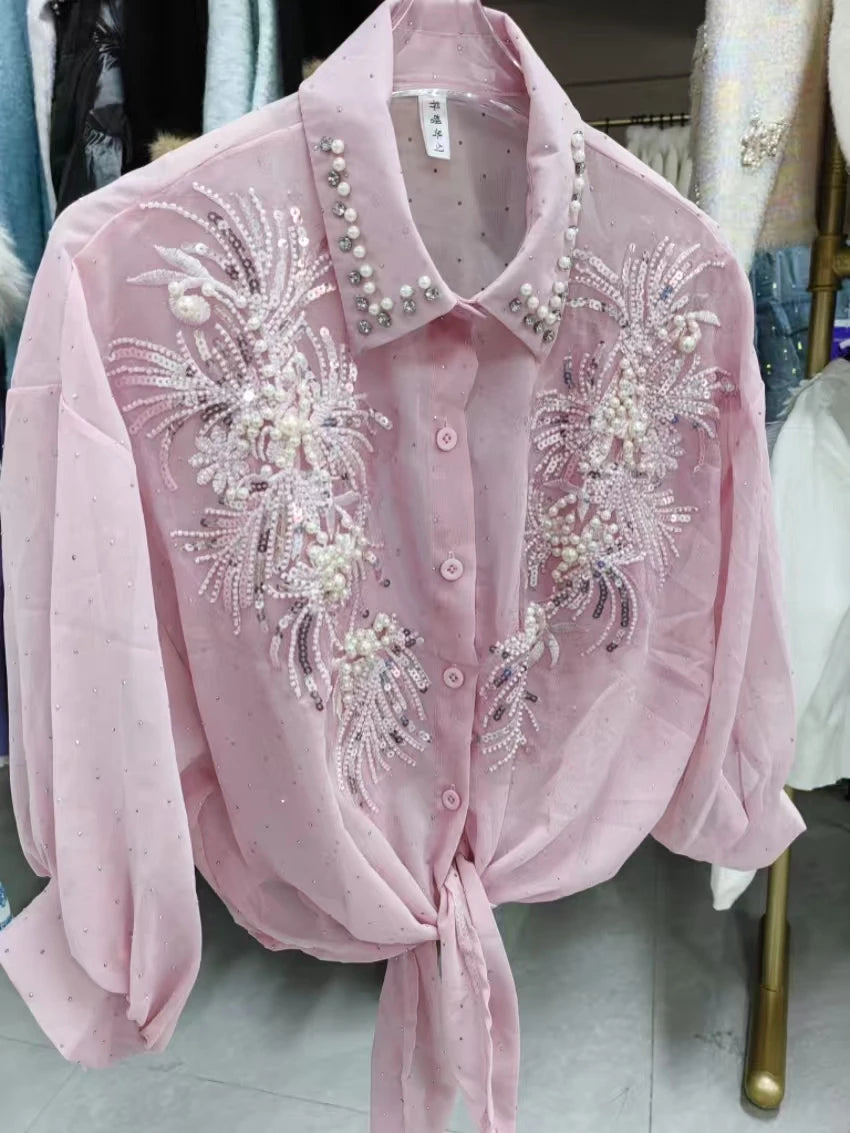 High-end Sequines Pearls Beaded Stitch Sunscreen Blouses Shirts for