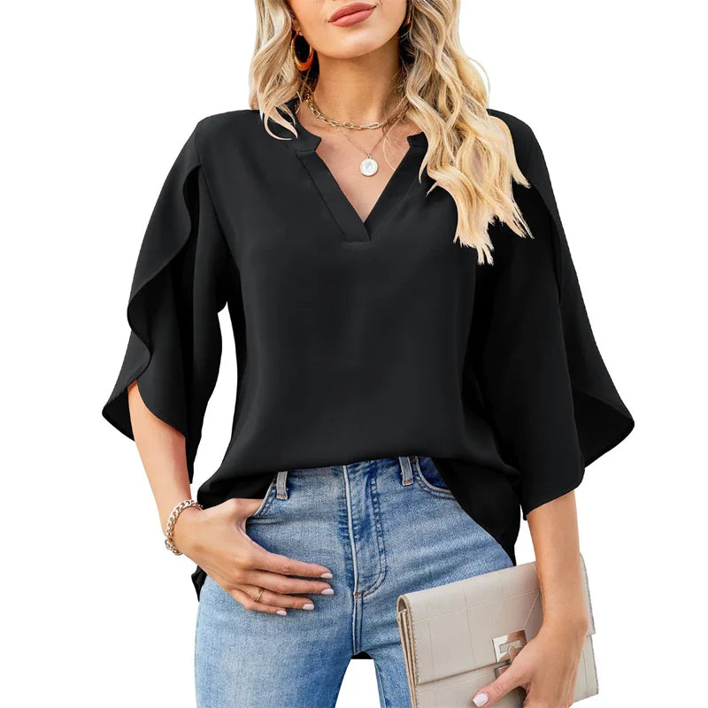 Women Summer Style Chiffon Blouses Shirts Lady Casual Short Flare