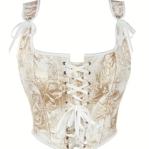 Women's Bow Tie Strap Jacquard Corset Top Front Lace Up Square Neck