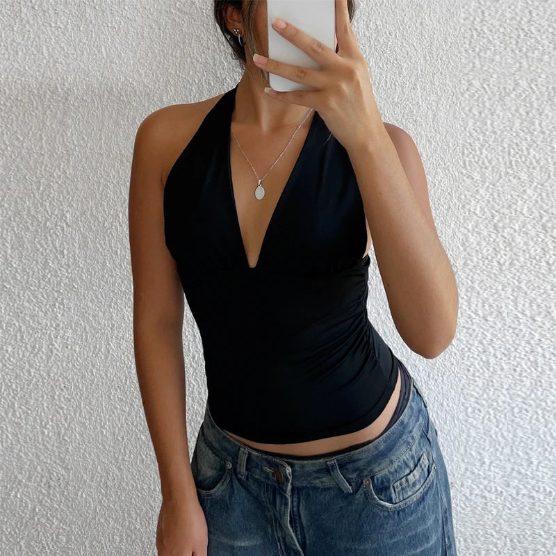 HXAO Halter Top Women Off Shoulder Deep V-Neck Crop Top y2k Sexy