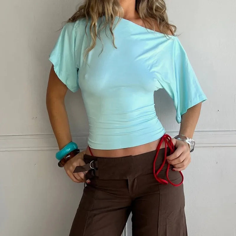 Talenza Summer One Shoulder Tops Fashion Slim Shrink Short Sleeve