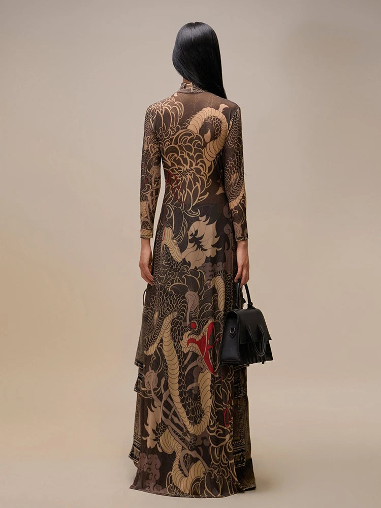 Nibber See Through Blouse Women Snake Print Half-High Neck Long