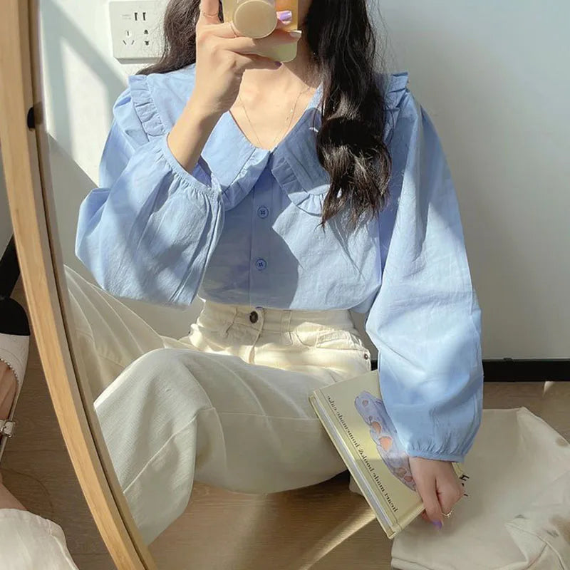Solid Simple Blouse for Women Korean Chic Trendy Single-Breasted