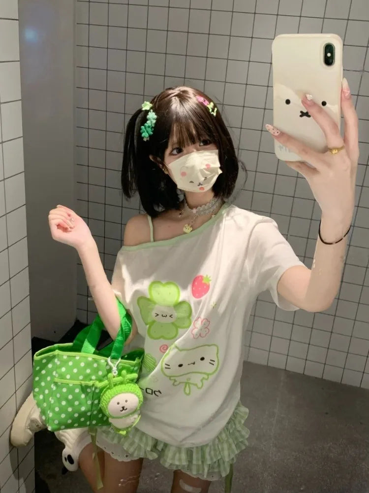 Ezgaga Harajuku T Shirts Women Cartoon Sweet Diagonal Collar Short