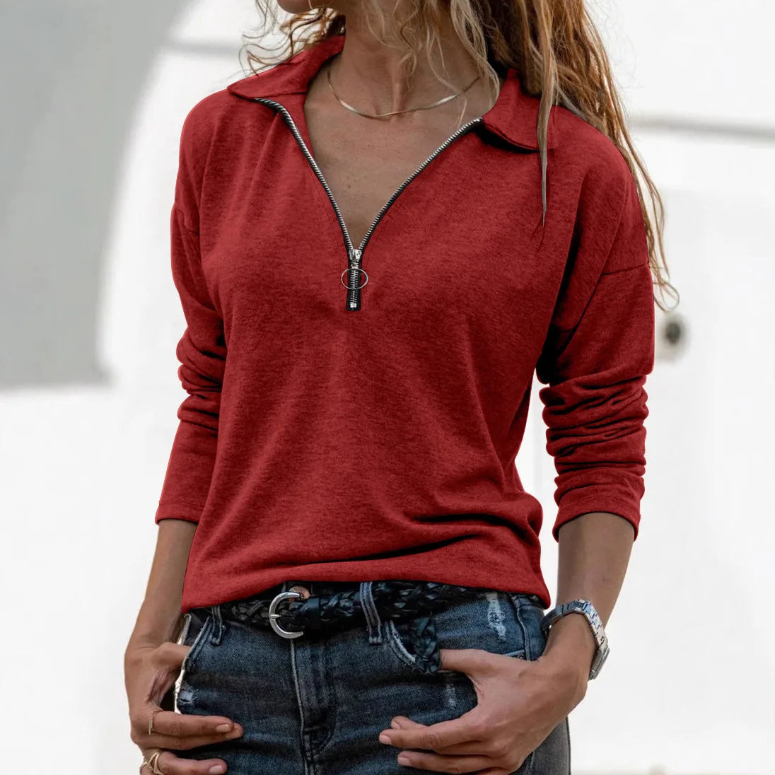 Women's Casual Fashion Long Sleeve Polo Shirts V-Neck Lapel Casual
