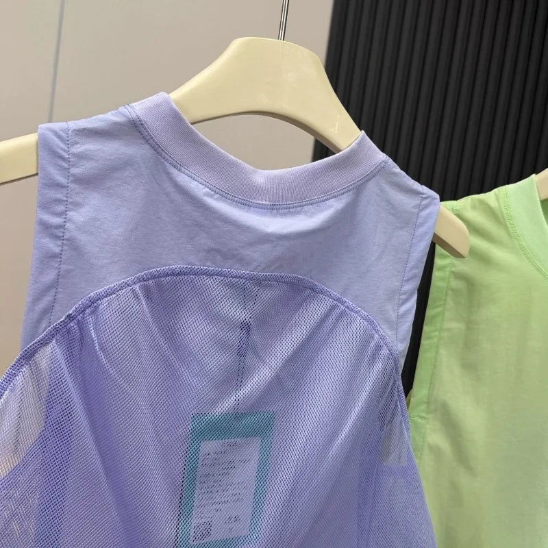 Women Hollowed Mesh Sports Vest Patchwork Ruffle Hem Sleeveless Loose