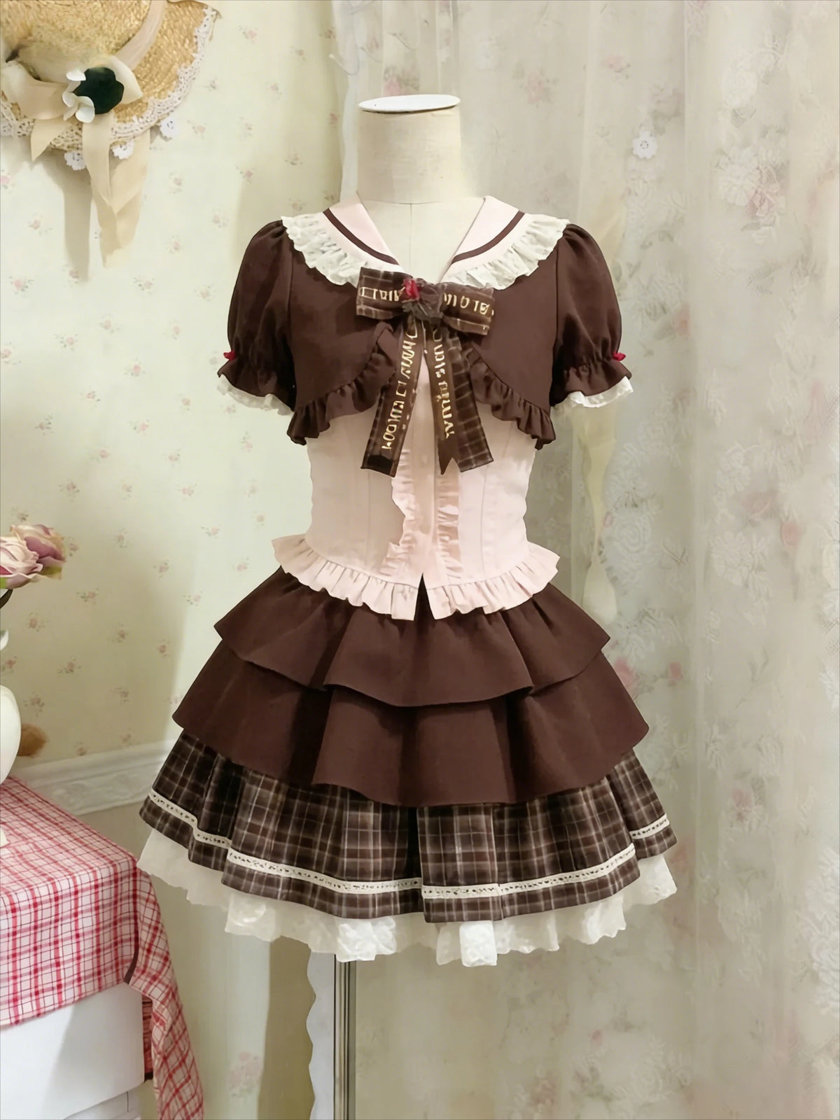 Japanese Sweet Three Piece Set Women Lace Bow Blouse + Cami Top +