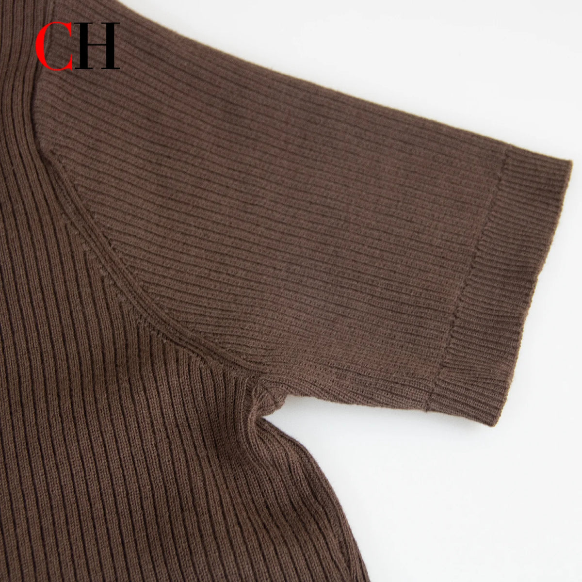 CH Men Luxury Vertical Ribbed Knit Polo Shirt Red Mini Embroidery Left