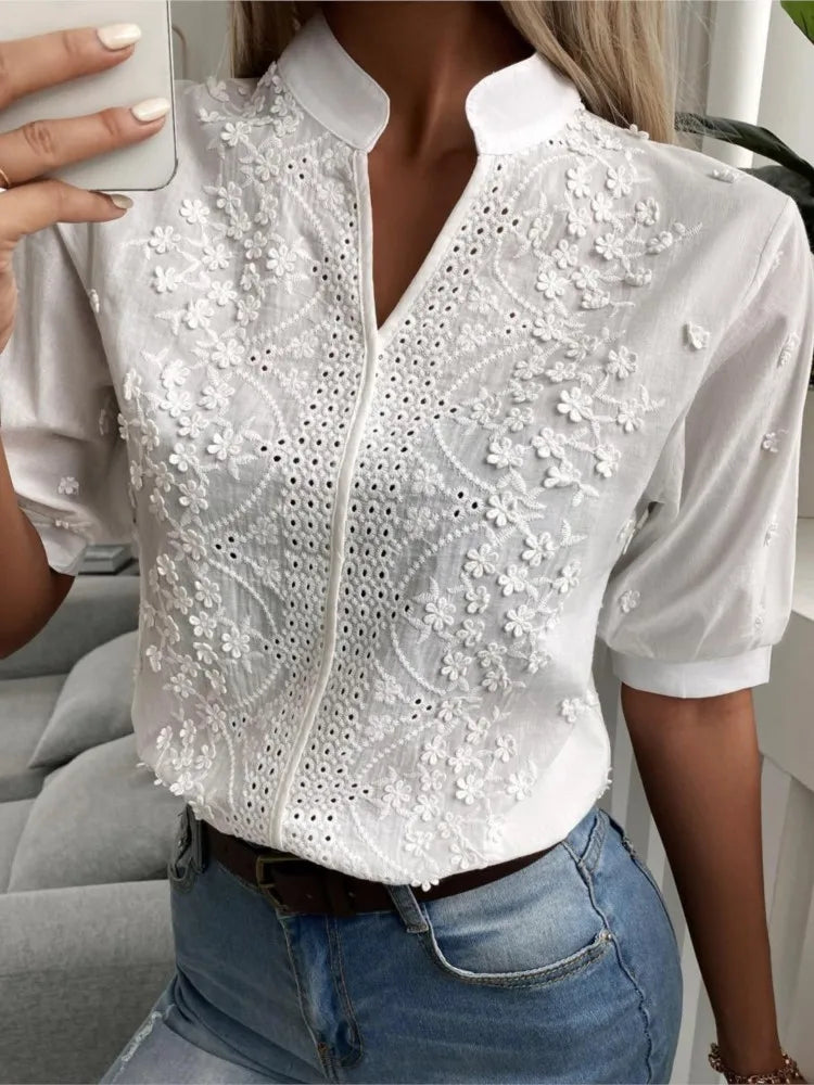 Summer Women's White Top Blouse New Fashion Elegnat V Neck Short