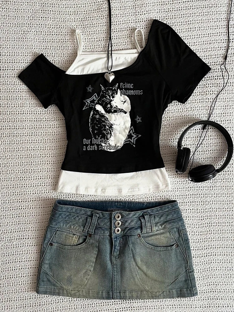 Asthetische Goth Fledermaus Brief Y2K Stil zweitelige T-Shirt Kurzarm