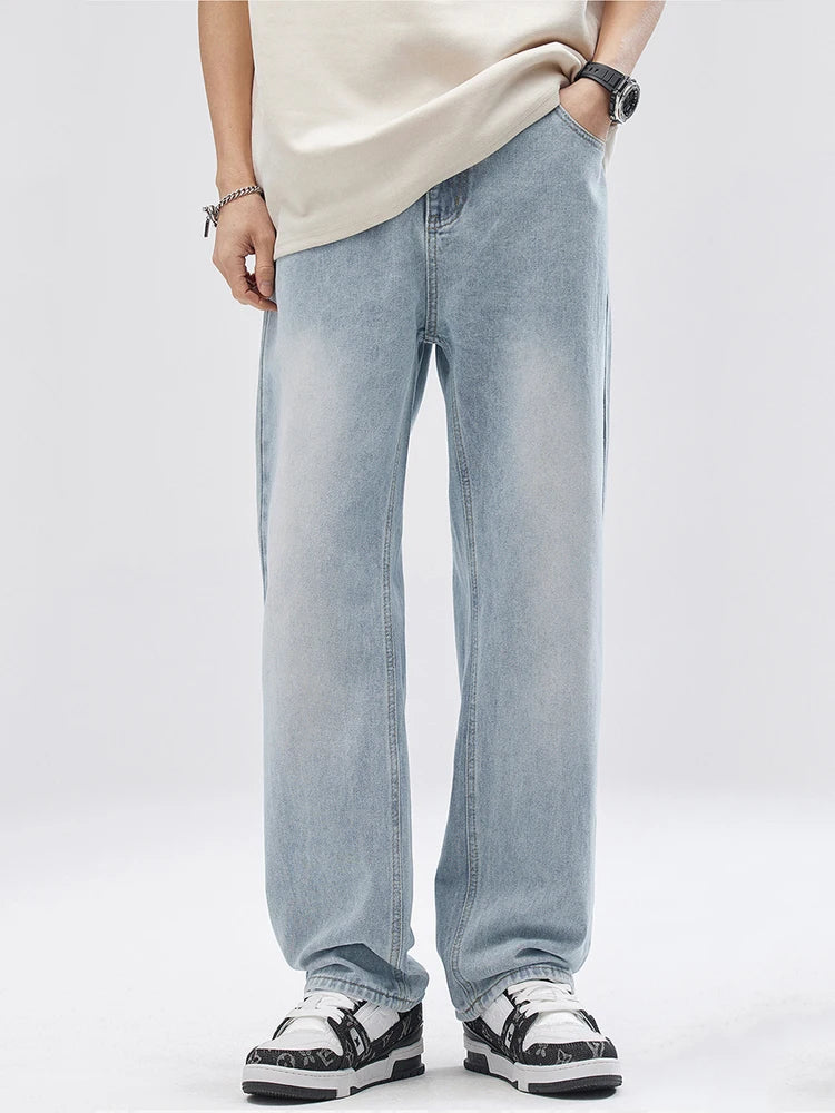 Men's Straight Jeans Korean Fashion Elastic Banded Wide Leg Blue Denim