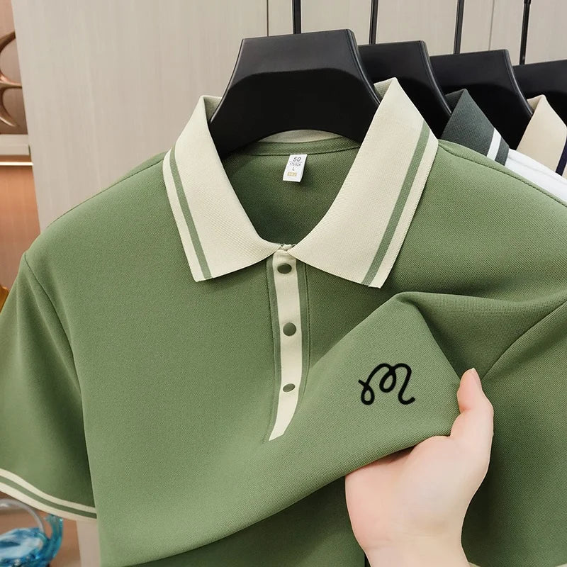 New High End Men's Brand Lapel Polo Shirt Summer Exquisite Print Short