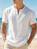Men's Cotton Linen Henley Short Sleeve T Shirt Lightweight Breathable