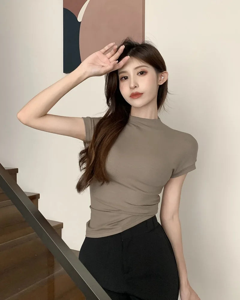 Korean Fashion Basic Crop Top Lady Short Sleeve Crewneck Skinny