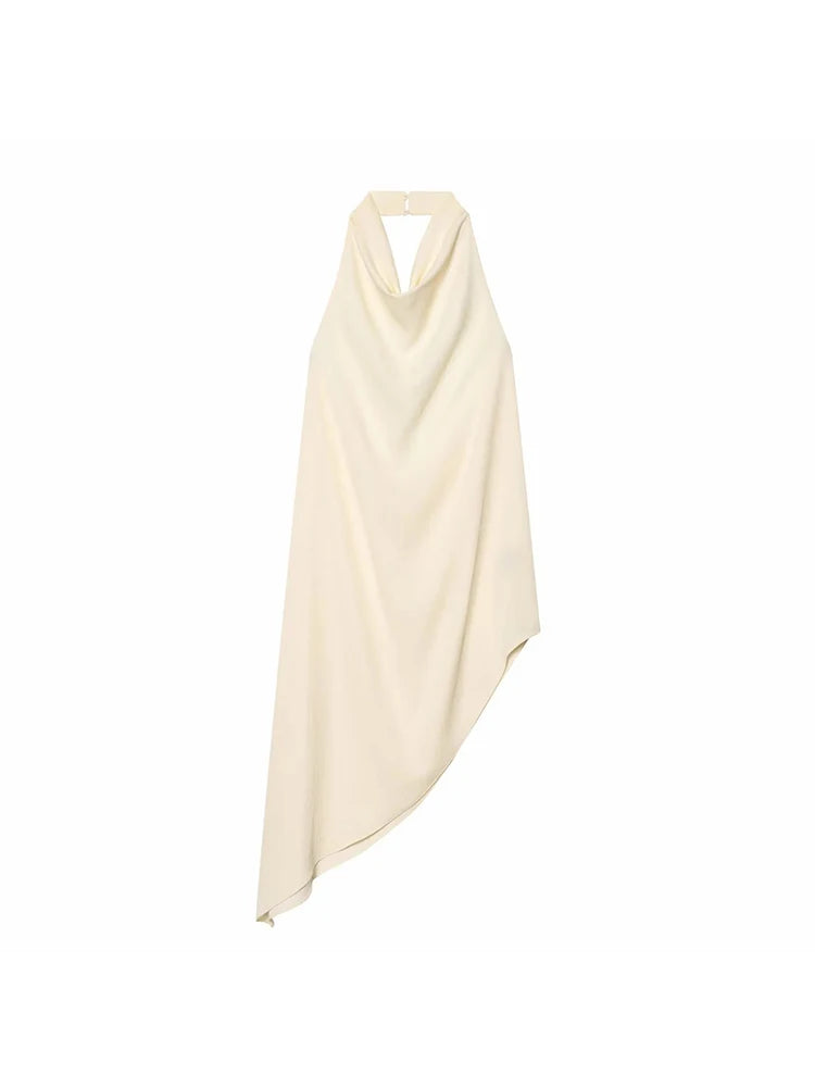 Women Satin Hanging Neck Collar Asymmetric Top Elegant Female Backless