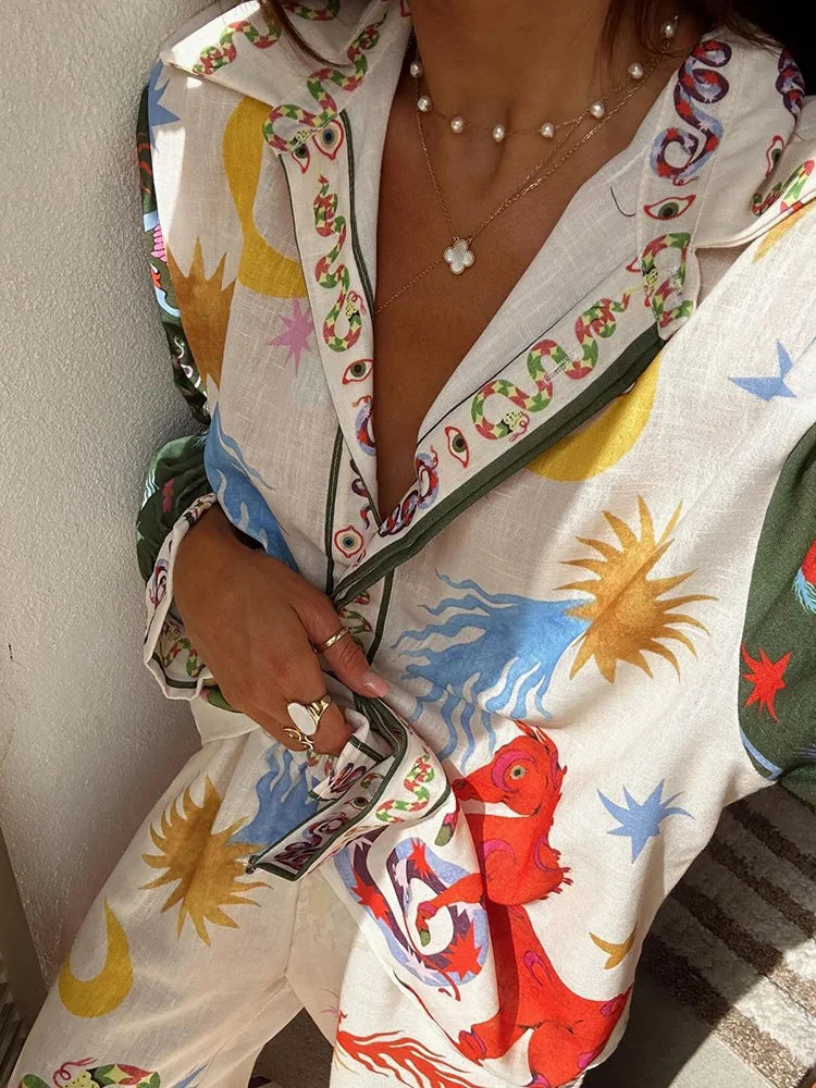 Women Suit 2 piece Suit Set Spring Summer Loose Long sleeve Floral