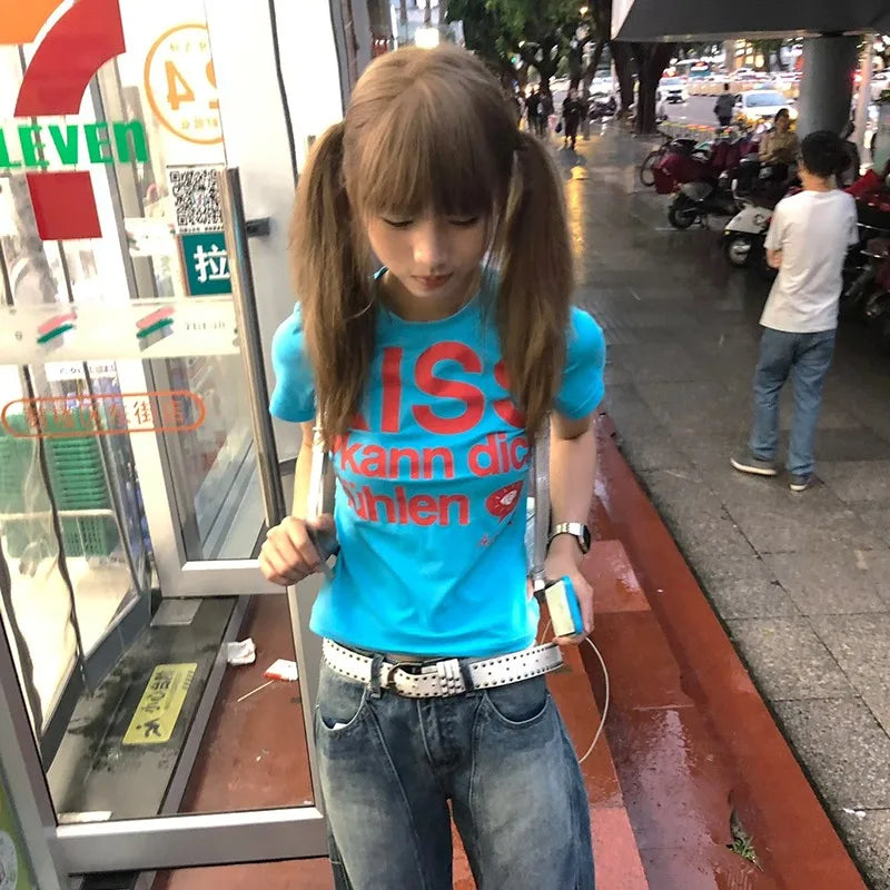 Karrram Japanese Y2k Letter Print T-shirt Trashy 2000s Style Crop Top