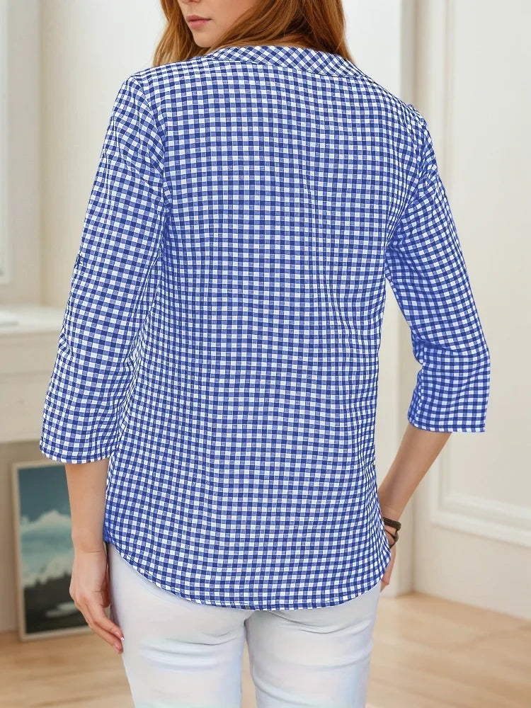 Plus Size Spring Autumn Women Fine Plaid Fashion Long Sleeve V-Neck