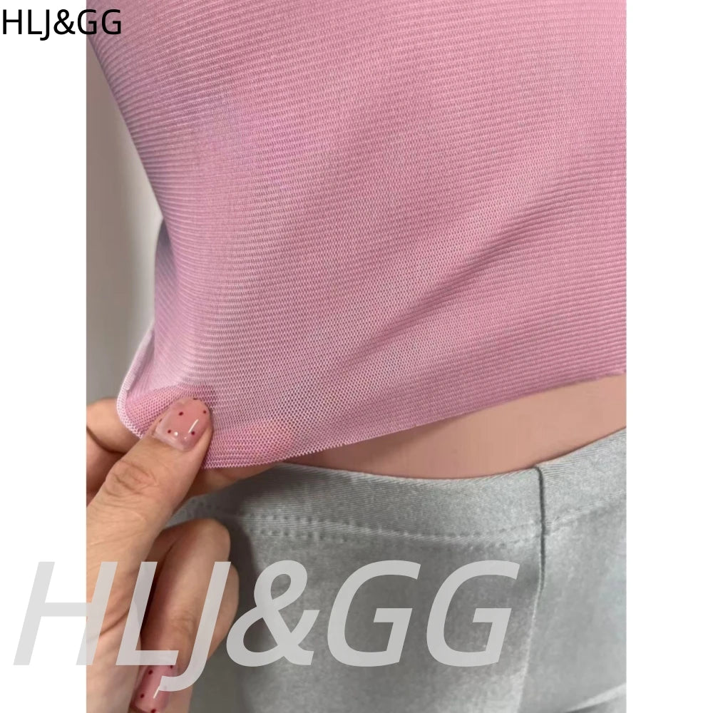 HLJ&GG American Vintage Fashion Letter Mesh See Though Two Piece Sets