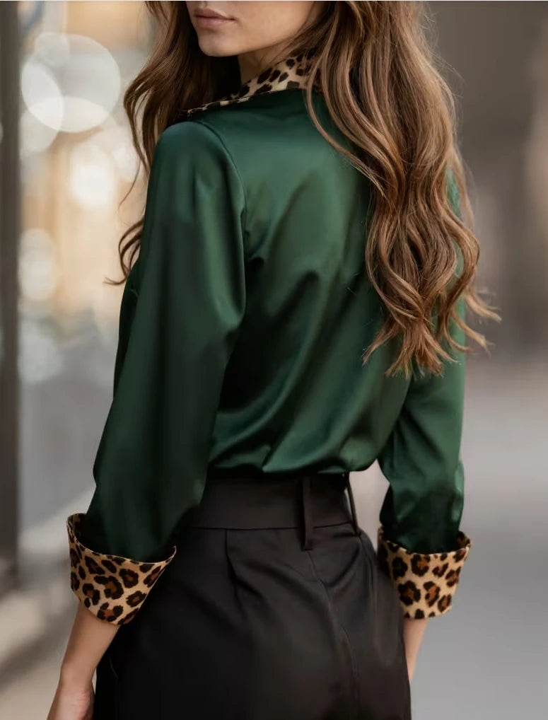 Elegant Long Sleeve Button Down Shirt with Leopard Print Collar, Cuffs