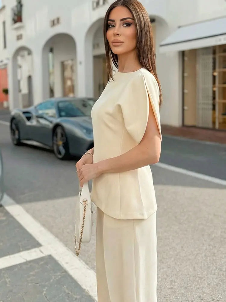 HH Women Elegant Solid Puff Sleeve Blouse Asymmetrical Hem O Neck