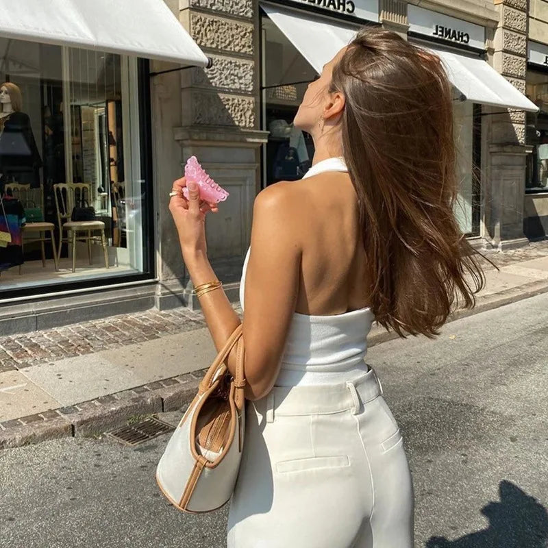 Women's Ribbed Halter Neck Crop Tank Top Sleeveless U-Neck Backless
