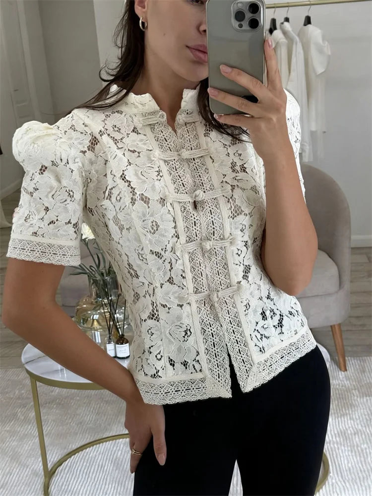 Tossy Fashion Hollow Out Lace Shirts Cardigan Women's Short Sleeve