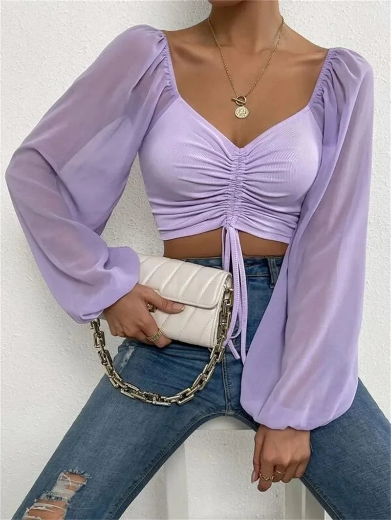 Plus Size Women Tops Drawstring Front Sheer Sleeve Crop T-Shirt Plunge