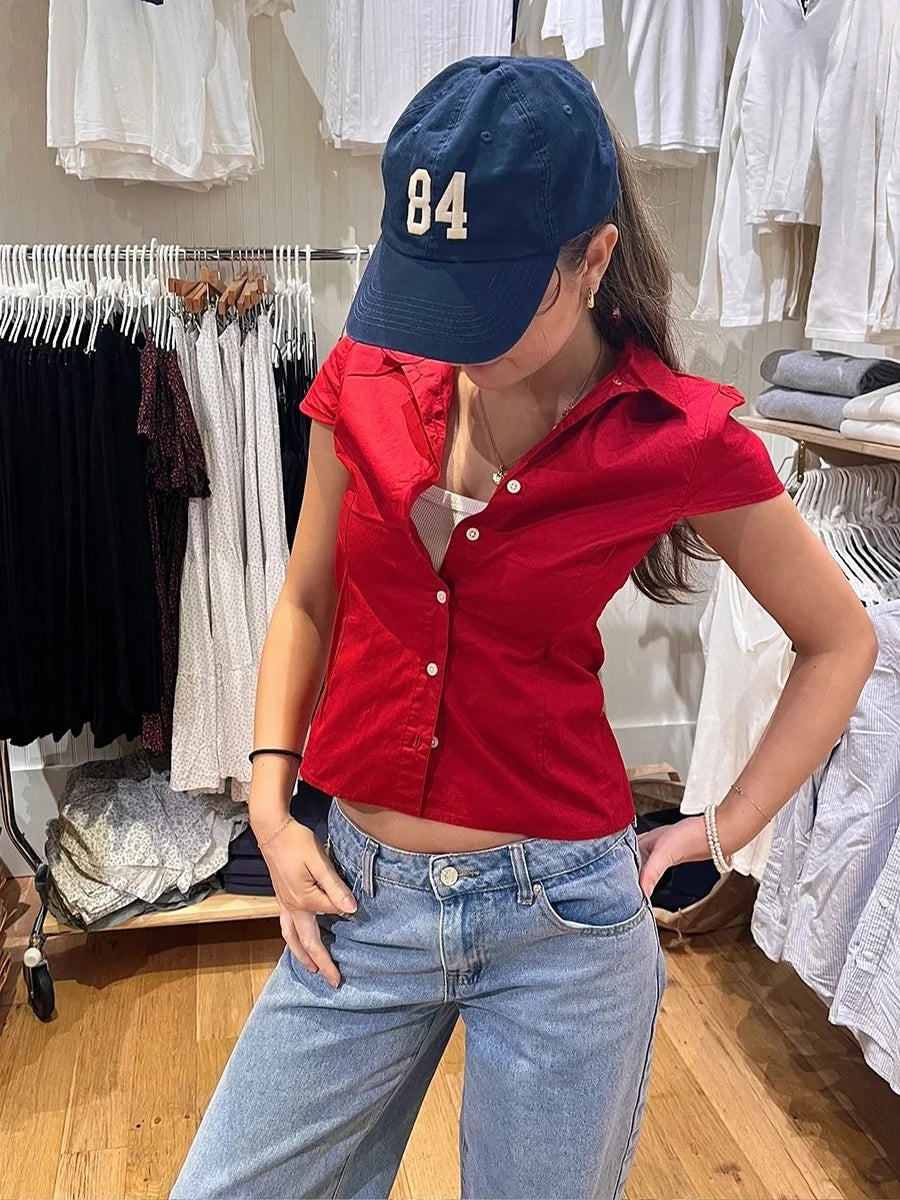 Red Basic Slim T-Shirt Blouse Woman Summer Turn Down Collar Single