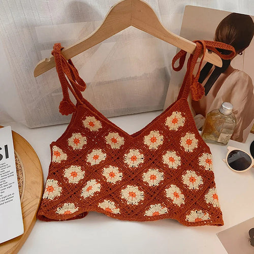 Floral Crochet Top with Tie Shoulder Strap Open-knit Cami Tank Women