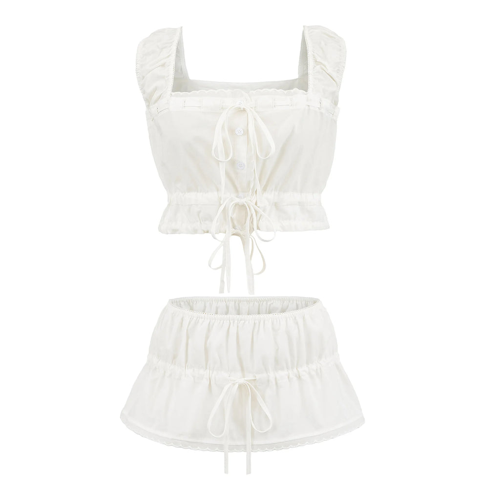 Sexy White Lacing Up Bow Open Buttons Tank Top Camisole + Women