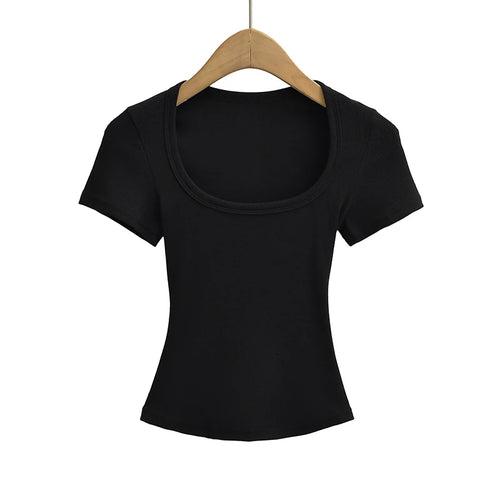 Square Collar High Stretch Summer Crop Tops Women Short Sleeve Tops