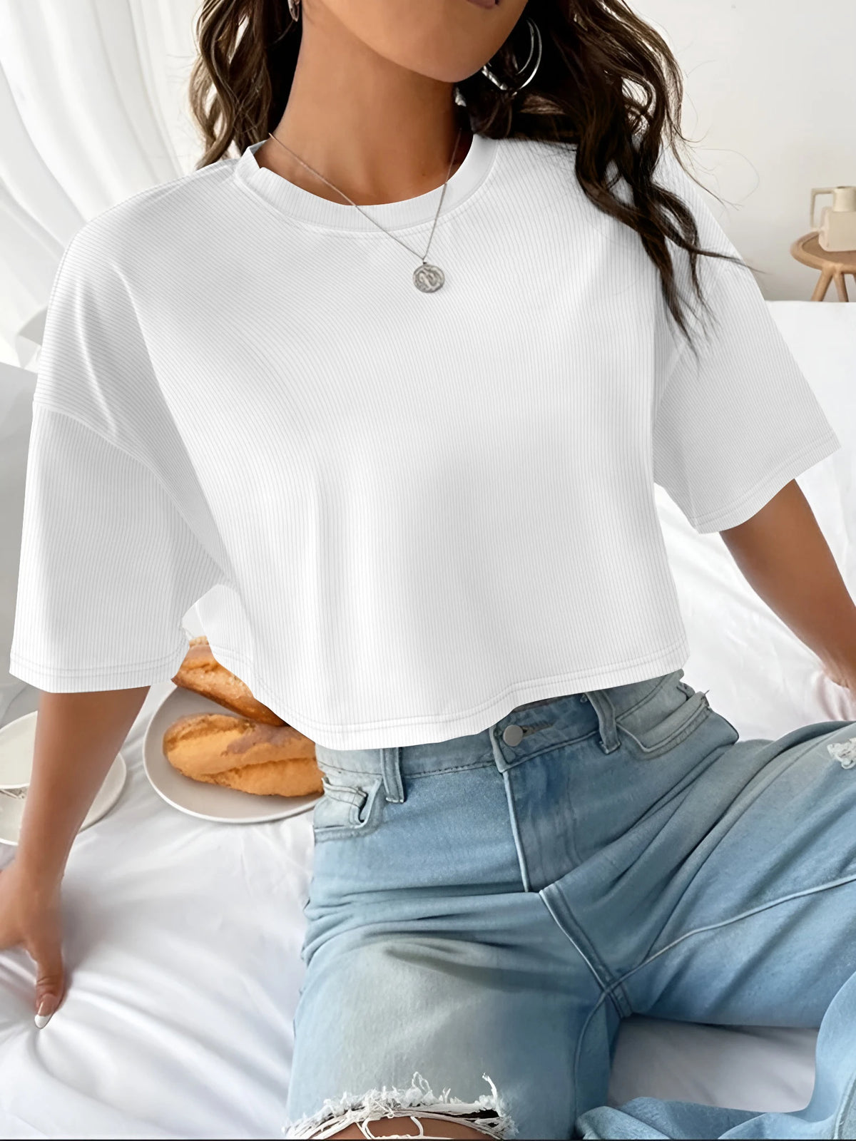 Women's Boxy Fit Ribbed Crop Top Crew Neck Short Sleeve Tee Y2K