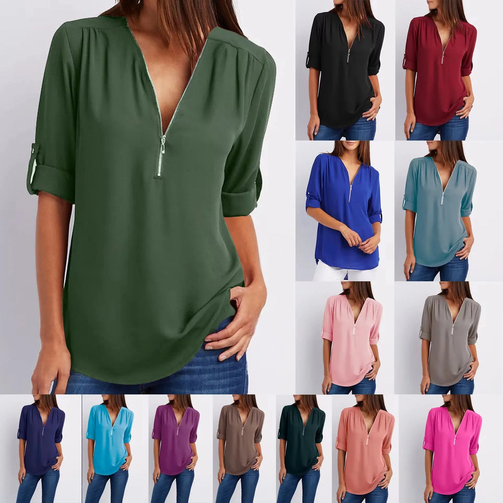 2024 Hot Sale Women Cool Loose Shirt Deep V Neck Chiffon Fashion