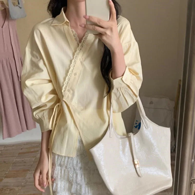 French Retro Lace Patchwork V-Neck Shirts Women Fashion Irregular