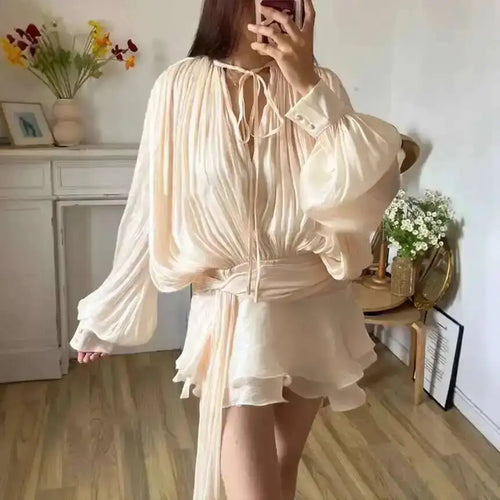 Beige Top Solid Blouse Mini Dresses For Women V Neck Long Sleeve
