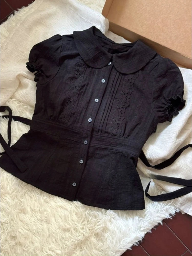 2025 Summer Cute Doll Collar Cropped Black Tops Kawaii Design Short
