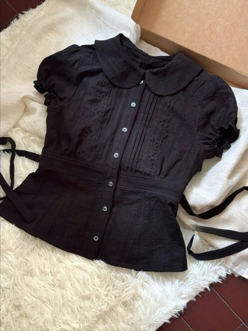 2025 Summer Cute Doll Collar Cropped Black Tops Kawaii Design Short