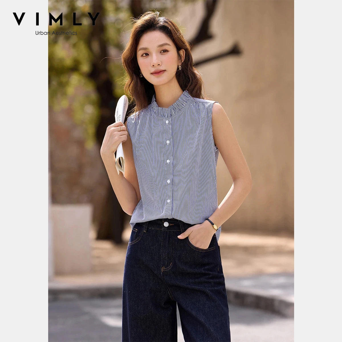 VIMLY Women's Navy Blue Striped Sleeveless Shirts Office Lady 2026