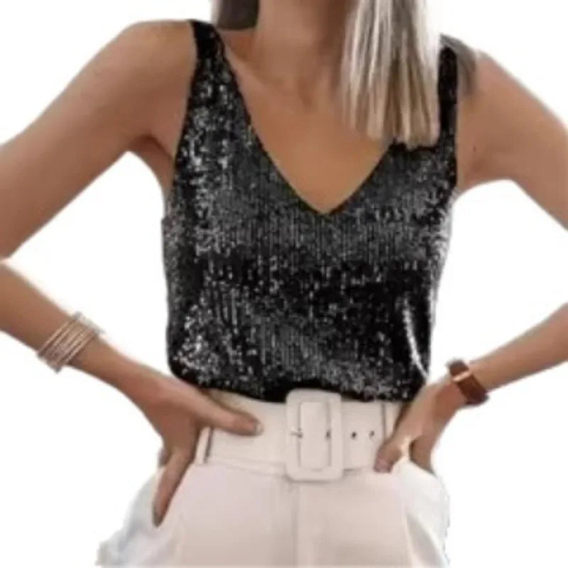 Women Sequin V Neck Tank Top Sleeveless Sparkly Camisole Slim Fit