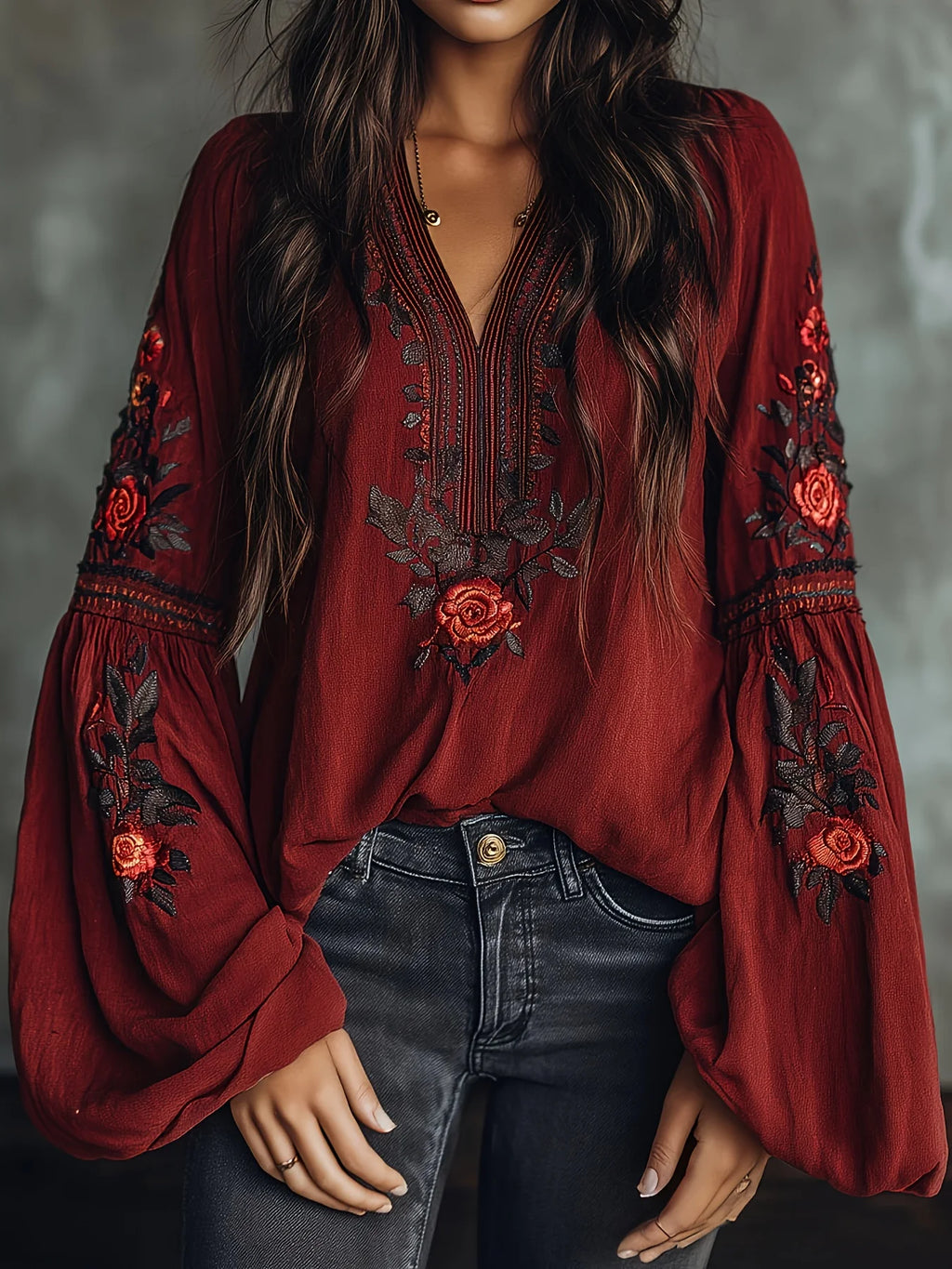 Women‘s Spring Blouse Retro Embroidered Flower Lantern Sleeve Shirt