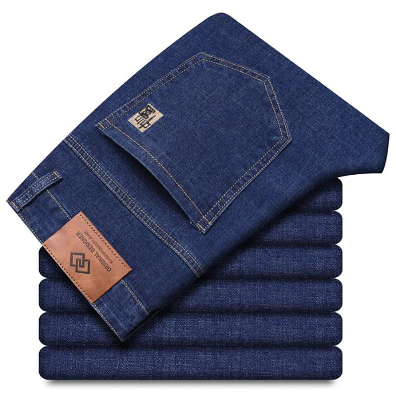 Men Spring Autumn Slim Fit Straight Leg Stretch Jeans Business Casual