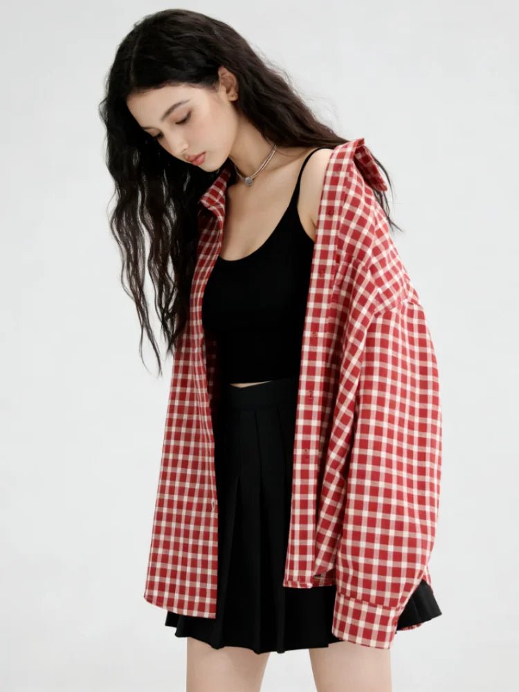 2025 Y2k Autumn Women New Vintage Red Plaid Turn-down Collar