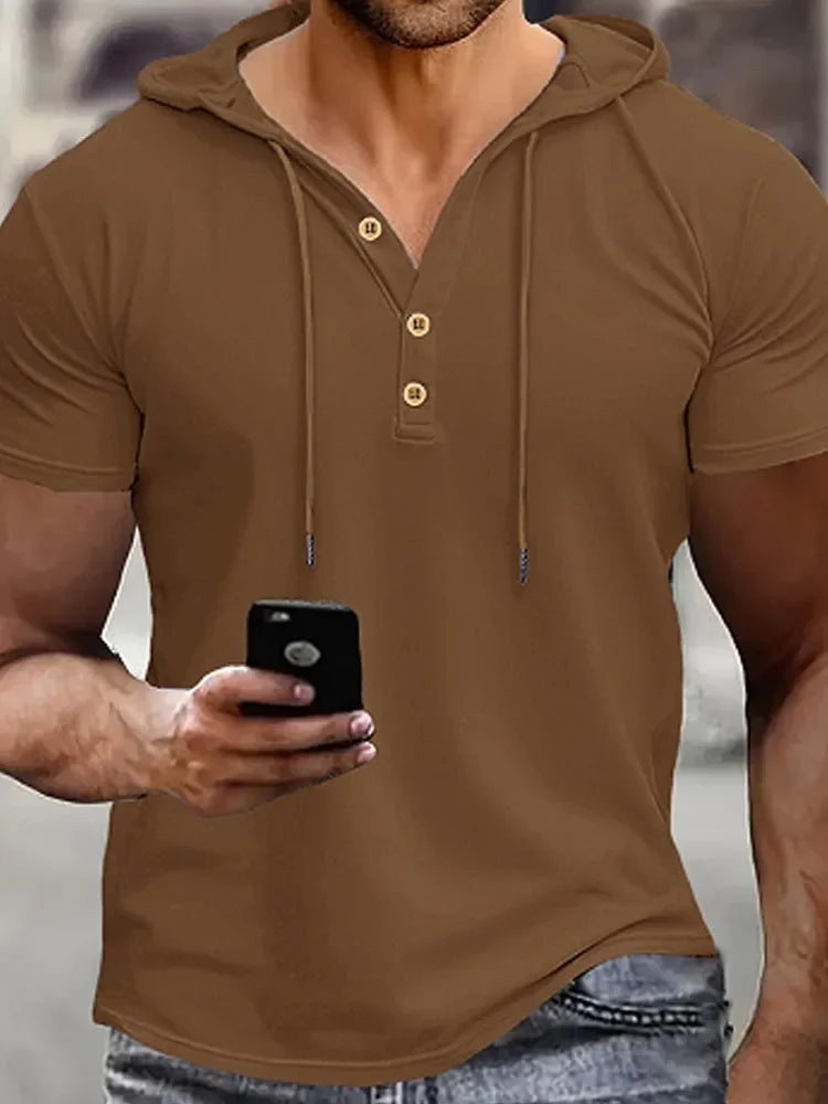 Men's Henry Shirt Solid Color Casual Short Sleeve Hooded Polo Shirts
