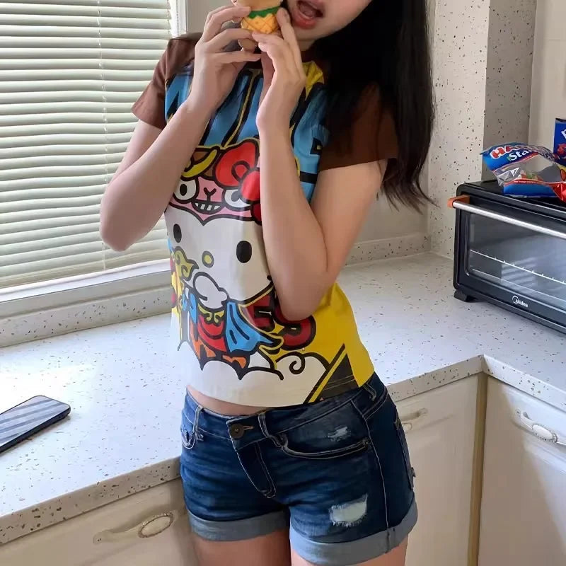 New Sanrio Hello Kitty Anime Fashion Short Tops Y2k Summer Cute Tees