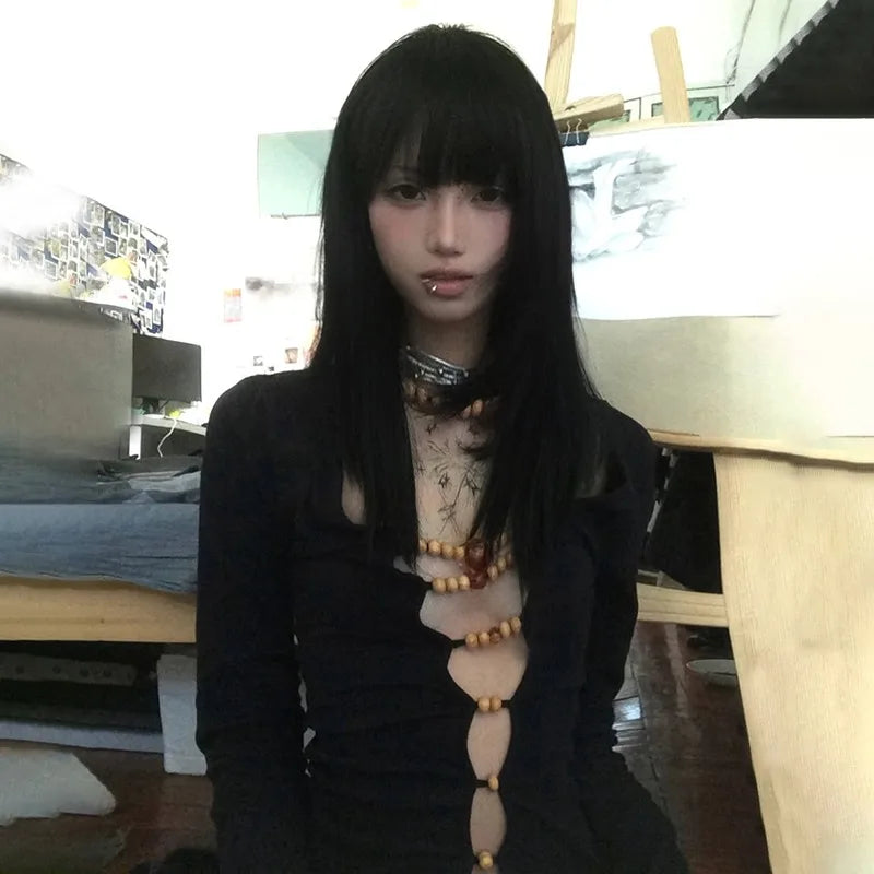 Karrram Japanese Y2k Hollow Out Tops Vintage Harajuku Beaded T Shirt